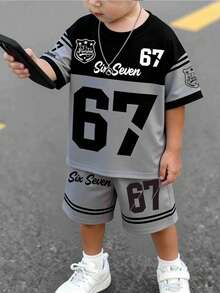 Spring And Summer 2-Piece Outfit For Baby Boys, Casual Stylish Graphic Tee With Shorts, Comfortable Daily Wear