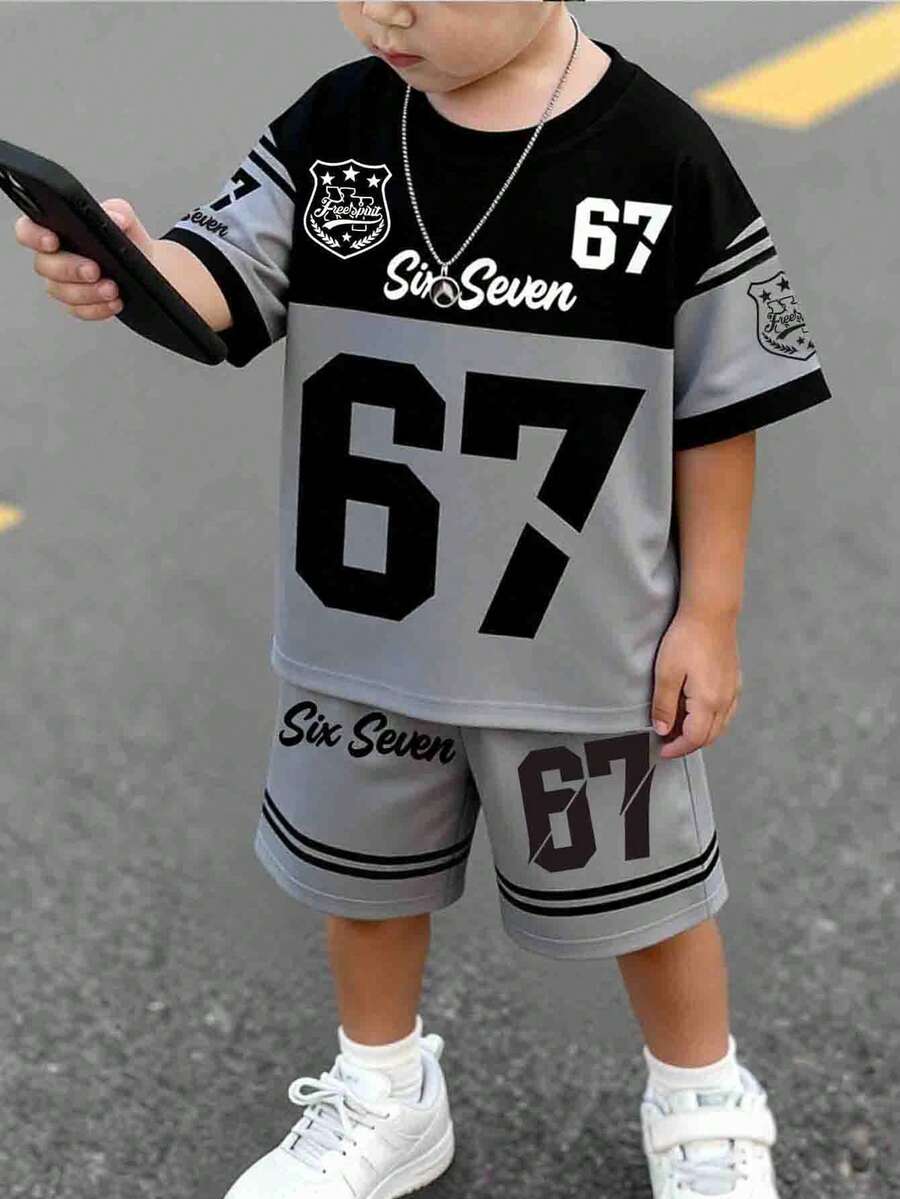 Spring And Summer 2-Piece Outfit For Baby Boys, Casual Stylish Graphic Tee With Shorts, Comfortable Daily Wear