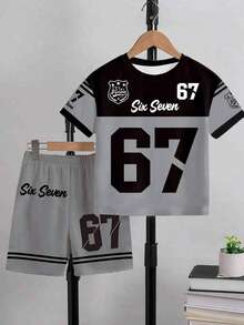 Spring And Summer 2-Piece Outfit For Baby Boys, Casual Stylish Graphic Tee With Shorts, Comfortable Daily Wear