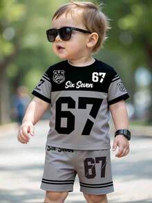 Spring And Summer 2-Piece Outfit For Baby Boys, Casual Stylish Graphic Tee With Shorts, Comfortable Daily Wear