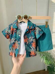 SHEIN Playful Pals 2pcs Infant Toddler Baby Boy Navy Blue Summer Boho Tropical Plant Print Short Sleeve Shirt And Shorts Set Vacation Holiday Hawaiian Outfit 24 Months