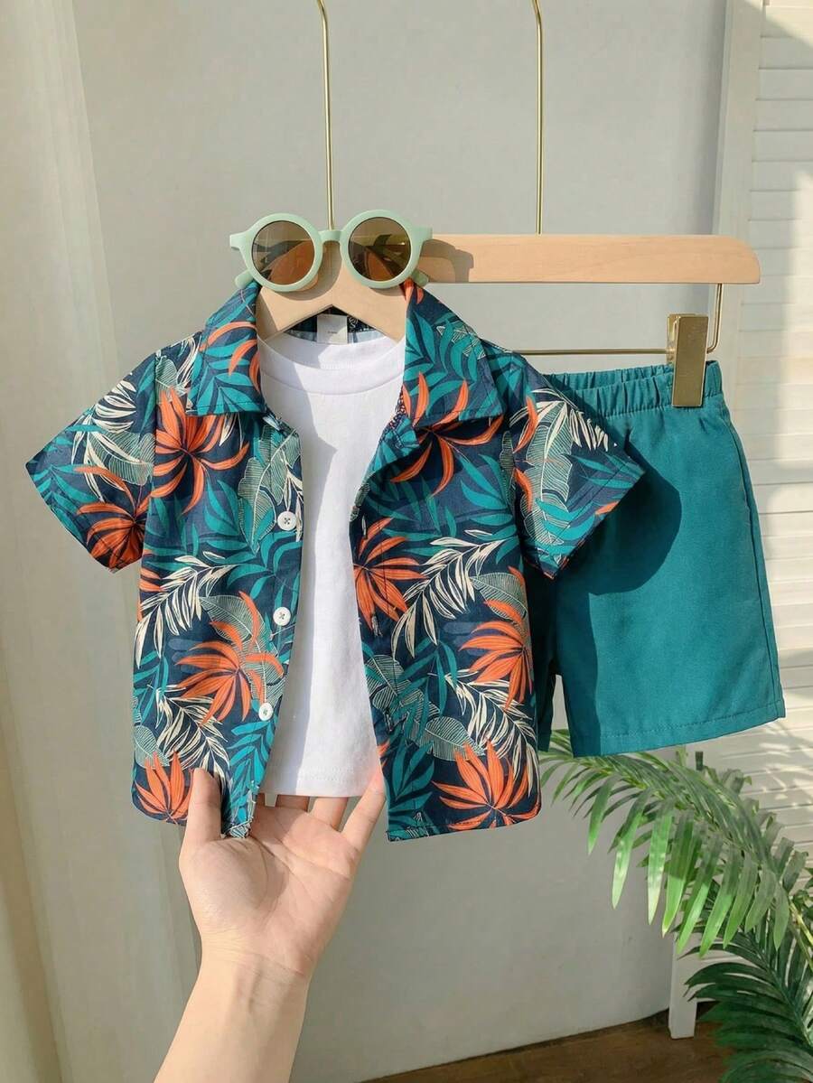 SHEIN Playful Pals 2pcs Infant Toddler Baby Boy Navy Blue Summer Boho Tropical Plant Print Short Sleeve Shirt And Shorts Set Vacation Holiday Hawaiian Outfit 24 Months