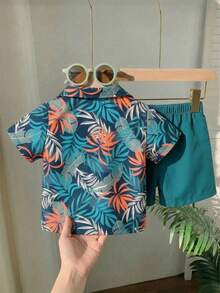 SHEIN Playful Pals 2pcs Infant Toddler Baby Boy Navy Blue Summer Boho Tropical Plant Print Short Sleeve Shirt And Shorts Set Vacation Holiday Hawaiian Outfit 24 Months