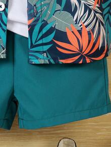 SHEIN Playful Pals 2pcs Infant Toddler Baby Boy Navy Blue Summer Boho Tropical Plant Print Short Sleeve Shirt And Shorts Set Vacation Holiday Hawaiian Outfit 24 Months