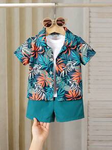 SHEIN Playful Pals 2pcs Infant Toddler Baby Boy Navy Blue Summer Boho Tropical Plant Print Short Sleeve Shirt And Shorts Set Vacation Holiday Hawaiian Outfit 24 Months