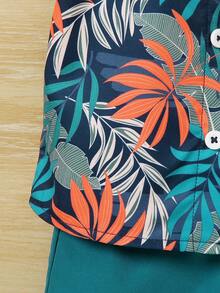 SHEIN Playful Pals 2pcs Infant Toddler Baby Boy Navy Blue Summer Boho Tropical Plant Print Short Sleeve Shirt And Shorts Set Vacation Holiday Hawaiian Outfit 24 Months