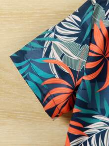 SHEIN Playful Pals 2pcs Infant Toddler Baby Boy Navy Blue Summer Boho Tropical Plant Print Short Sleeve Shirt And Shorts Set Vacation Holiday Hawaiian Outfit 24 Months