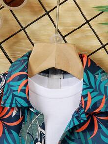 SHEIN Playful Pals 2pcs Infant Toddler Baby Boy Navy Blue Summer Boho Tropical Plant Print Short Sleeve Shirt And Shorts Set Vacation Holiday Hawaiian Outfit 24 Months