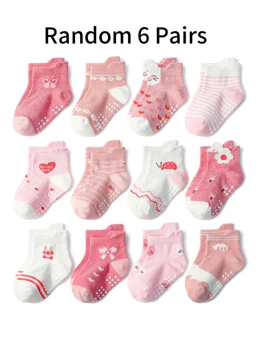 6 Pairs Random Mixed Color Cartoon Heart & Letter Grip Sole Anti-Slip Baby Toddler Socks, Floral & Kitten Design, Suitable For Casual Daily Wear