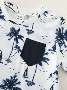 SHEIN Bubblio 2pcs Baby Boy Coconut Tree Print Pattern Soft Knit Patchwork Pocket Round Neck Short Sleeve Top T-Shirt And Elastic Waist Shorts Set Beach Outfit Sets