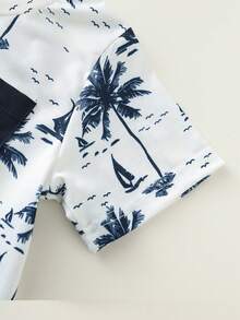 SHEIN Bubblio 2pcs Baby Boy Coconut Tree Print Pattern Soft Knit Patchwork Pocket Round Neck Short Sleeve Top T-Shirt And Elastic Waist Shorts Set Beach Outfit Sets