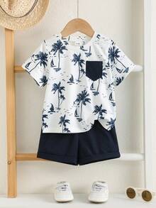 SHEIN Bubblio 2pcs Baby Boy Coconut Tree Print Pattern Soft Knit Patchwork Pocket Round Neck Short Sleeve Top T-Shirt And Elastic Waist Shorts Set Beach Outfit Sets