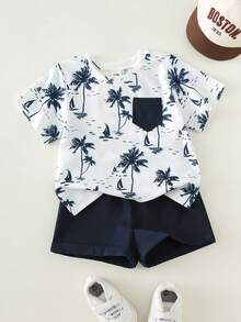 SHEIN Bubblio 2pcs Baby Boy Coconut Tree Print Pattern Soft Knit Patchwork Pocket Round Neck Short Sleeve Top T-Shirt And Elastic Waist Shorts Set Beach Outfit Sets
