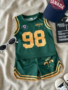 SHEIN 2pcs Baby Boy Summer Outfit, Sporty Mesh Sleeveless Top With Printed English Letters & Numbers, Paired With Elastic Waist Shorts