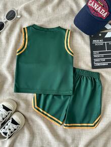 SHEIN 2pcs Baby Boy Summer Outfit, Sporty Mesh Sleeveless Top With Printed English Letters & Numbers, Paired With Elastic Waist Shorts