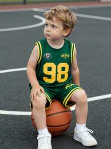 SHEIN 2pcs Baby Boy Summer Outfit, Sporty Mesh Sleeveless Top With Printed English Letters & Numbers, Paired With Elastic Waist Shorts
