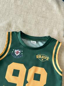 SHEIN 2pcs Baby Boy Summer Outfit, Sporty Mesh Sleeveless Top With Printed English Letters & Numbers, Paired With Elastic Waist Shorts