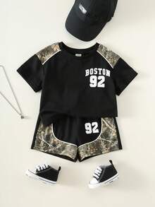 SHEIN 2pcs Toddler Unisex Baby Boy/Girl Casual Fashionable Color Block Camouflage Print Short Sleeve T-Shirt And Shorts Set