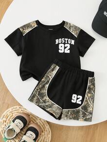 SHEIN 2pcs Toddler Unisex Baby Boy/Girl Casual Fashionable Color Block Camouflage Print Short Sleeve T-Shirt And Shorts Set