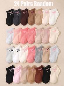 6/12/24 Pairs Soft Breathable Pink Bow Jacquard Baby Ankle Socks