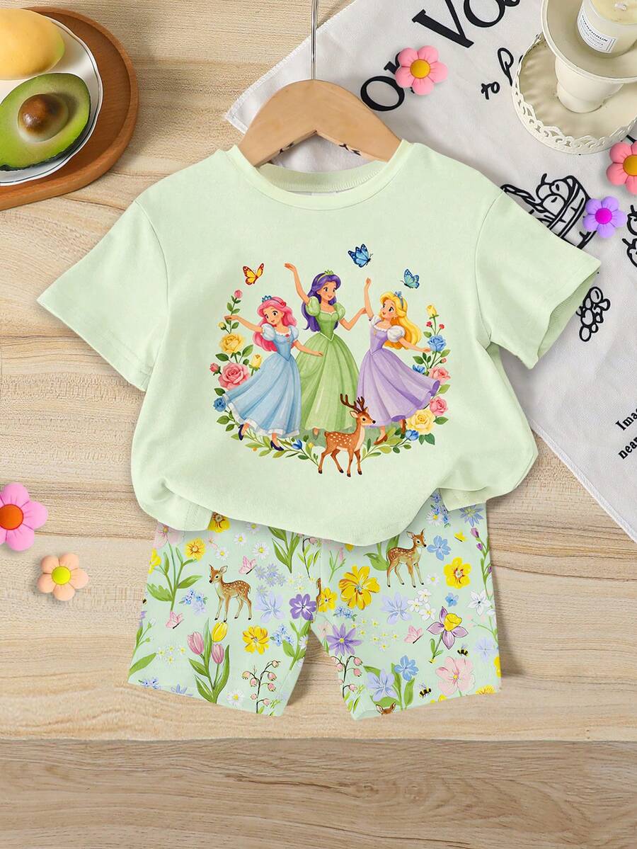 1 Set Baby Girls 2-Piece Cute Sweet Elegant Cartoon Princess Floral Bow Print Round Neck Short Sleeve T-Shirt And Casual Comfortable Spring/Summer Daily Vacation Slim Fit Cycling Shorts Set