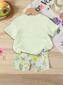 1 Set Baby Girls 2-Piece Cute Sweet Elegant Cartoon Princess Floral Bow Print Round Neck Short Sleeve T-Shirt And Casual Comfortable Spring/Summer Daily Vacation Slim Fit Cycling Shorts Set