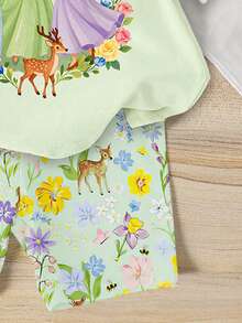 1 Set Baby Girls 2-Piece Cute Sweet Elegant Cartoon Princess Floral Bow Print Round Neck Short Sleeve T-Shirt And Casual Comfortable Spring/Summer Daily Vacation Slim Fit Cycling Shorts Set