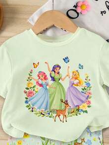 1 Set Baby Girls 2-Piece Cute Sweet Elegant Cartoon Princess Floral Bow Print Round Neck Short Sleeve T-Shirt And Casual Comfortable Spring/Summer Daily Vacation Slim Fit Cycling Shorts Set