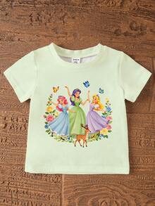 1 Set Baby Girls 2-Piece Cute Sweet Elegant Cartoon Princess Floral Bow Print Round Neck Short Sleeve T-Shirt And Casual Comfortable Spring/Summer Daily Vacation Slim Fit Cycling Shorts Set