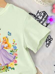 1 Set Baby Girls 2-Piece Cute Sweet Elegant Cartoon Princess Floral Bow Print Round Neck Short Sleeve T-Shirt And Casual Comfortable Spring/Summer Daily Vacation Slim Fit Cycling Shorts Set