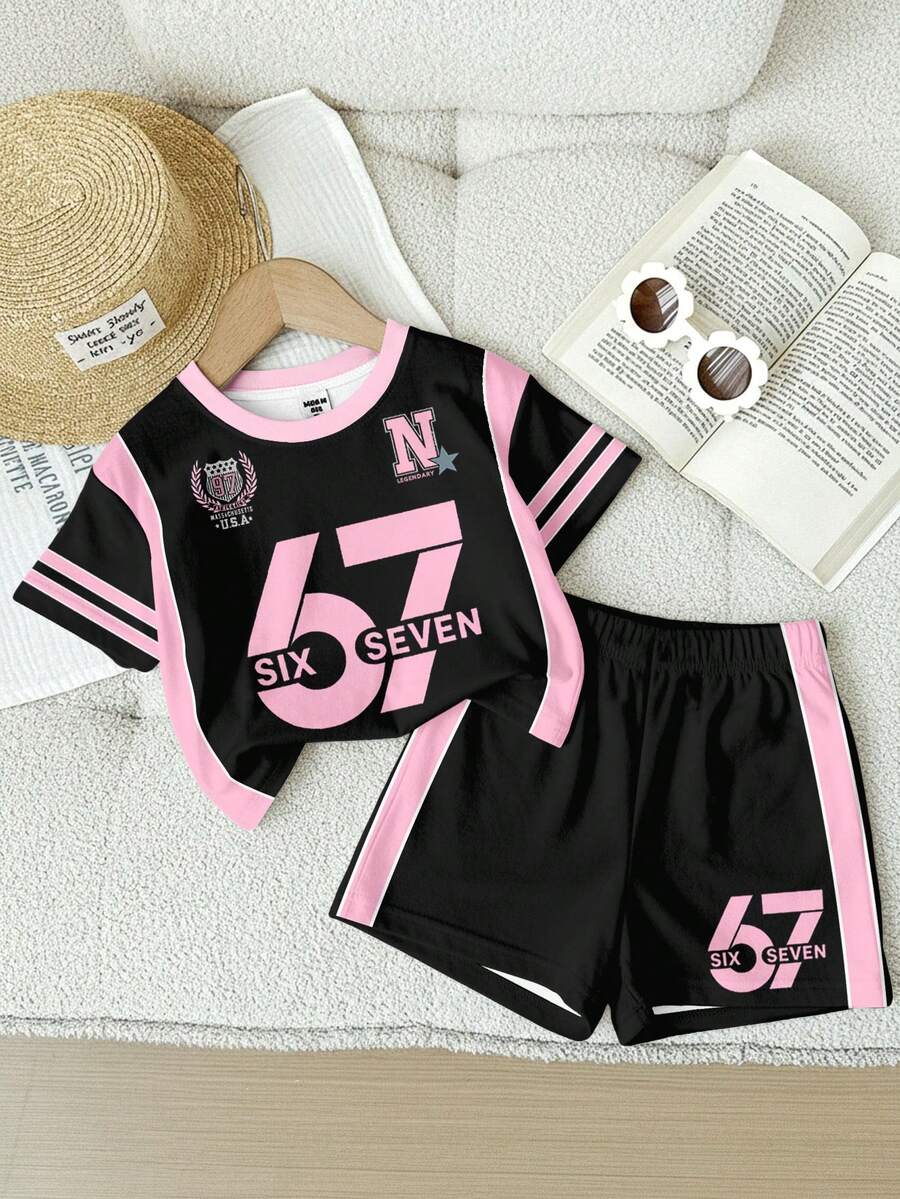 2pcs/Set Baby Girls All Black Casual Loose Fit Number 67 Graphic Print Short Sleeve T-Shirt And Shorts Set