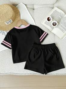2pcs/Set Baby Girls All Black Casual Loose Fit Number 67 Graphic Print Short Sleeve T-Shirt And Shorts Set