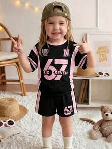 2pcs/Set Baby Girls All Black Casual Loose Fit Number 67 Graphic Print Short Sleeve T-Shirt And Shorts Set