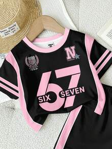 2pcs/Set Baby Girls All Black Casual Loose Fit Number 67 Graphic Print Short Sleeve T-Shirt And Shorts Set