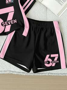 2pcs/Set Baby Girls All Black Casual Loose Fit Number 67 Graphic Print Short Sleeve T-Shirt And Shorts Set
