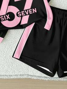 2pcs/Set Baby Girls All Black Casual Loose Fit Number 67 Graphic Print Short Sleeve T-Shirt And Shorts Set