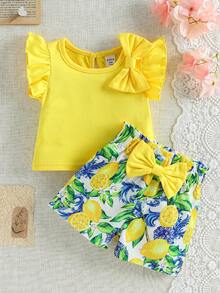 SHEIN Baby Girl Round Neck Bow Decor Ruffle T-Shirt And Shorts Set, Suitable For Everyday Wear, Outings And Vacations, All Seasons
