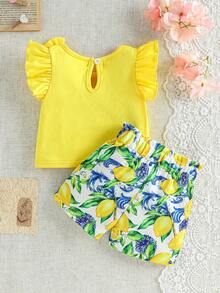 SHEIN Baby Girl Round Neck Bow Decor Ruffle T-Shirt And Shorts Set, Suitable For Everyday Wear, Outings And Vacations, All Seasons