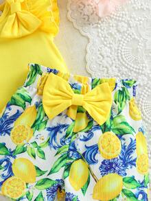 SHEIN Baby Girl Round Neck Bow Decor Ruffle T-Shirt And Shorts Set, Suitable For Everyday Wear, Outings And Vacations, All Seasons