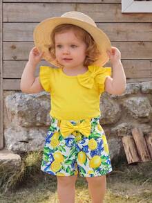 SHEIN Baby Girl Round Neck Bow Decor Ruffle T-Shirt And Shorts Set, Suitable For Everyday Wear, Outings And Vacations, All Seasons