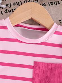2pcs Baby Girls' Summer Short Sleeve T-Shirt And Wide Leg Pants Set, White & Pink Striped Top And Solid Color Loose Pants, Comfortable And Cute Outfit For Baby Girl, Essential Summer Clothing