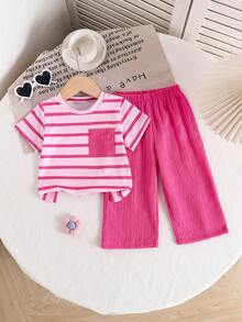2pcs Baby Girls' Summer Short Sleeve T-Shirt And Wide Leg Pants Set, White & Pink Striped Top And Solid Color Loose Pants, Comfortable And Cute Outfit For Baby Girl, Essential Summer Clothing