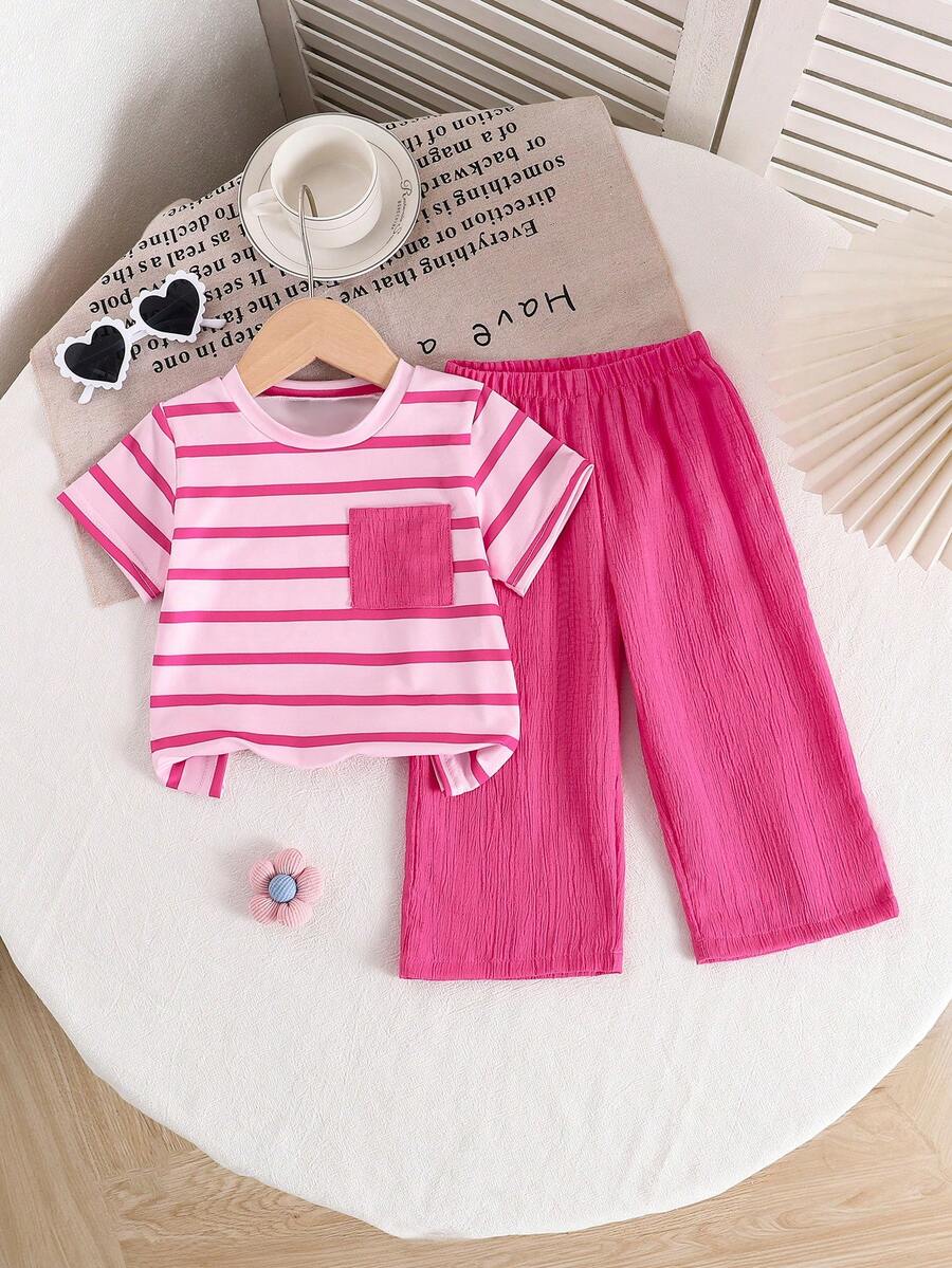 2pcs Baby Girls' Summer Short Sleeve T-Shirt And Wide Leg Pants Set, White & Pink Striped Top And Solid Color Loose Pants, Comfortable And Cute Outfit For Baby Girl, Essential Summer Clothing