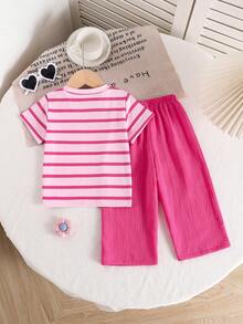 2pcs Baby Girls' Summer Short Sleeve T-Shirt And Wide Leg Pants Set, White & Pink Striped Top And Solid Color Loose Pants, Comfortable And Cute Outfit For Baby Girl, Essential Summer Clothing