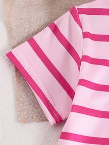 2pcs Baby Girls' Summer Short Sleeve T-Shirt And Wide Leg Pants Set, White & Pink Striped Top And Solid Color Loose Pants, Comfortable And Cute Outfit For Baby Girl, Essential Summer Clothing