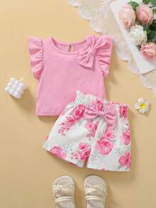 SHEIN Baby Girl Round Neck Bow Decor Puff Sleeve T-Shirt And Floral Print Shorts Casual Set