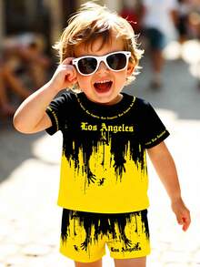 2pcs Baby Boy Outfit Set, Street Style Casual English Letter Print T-Shirt And Matching English Print Shorts, Suitable For Summer Outings Page Boy