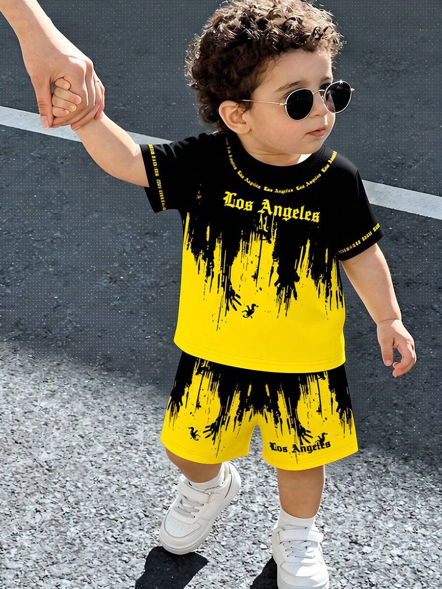 2pcs Baby Boy Outfit Set, Street Style Casual English Letter Print T-Shirt And Matching English Print Shorts, Suitable For Summer Outings Page Boy