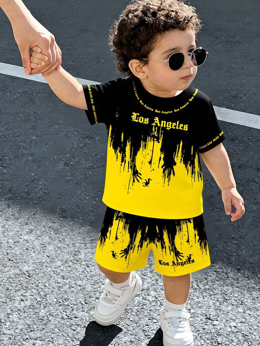 2pcs Baby Boy Outfit Set, Street Style Casual English Letter Print T-Shirt And Matching English Print Shorts, Suitable For Summer Outings Page Boy