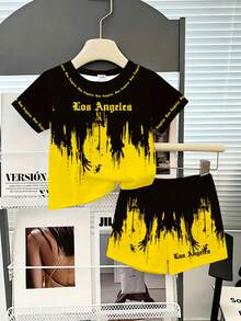 2pcs Baby Boy Outfit Set, Street Style Casual English Letter Print T-Shirt And Matching English Print Shorts, Suitable For Summer Outings Page Boy